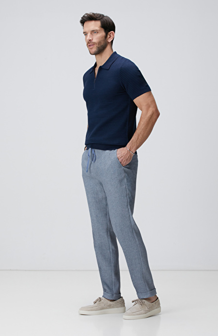 Mavi Keten Karışımlı Pantolon_0