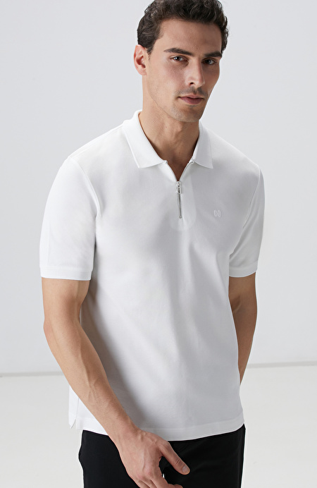 Kırık Beyaz Polo Yaka Örme T-shirt_1