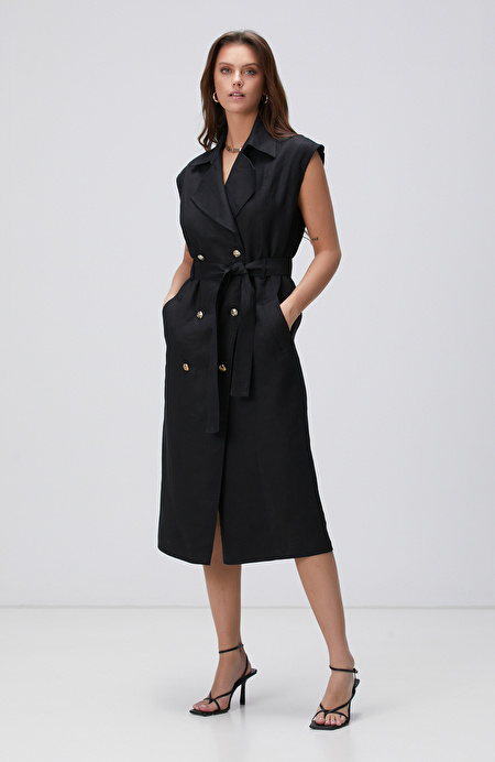 Siyah Maxi Keten Elbise_0