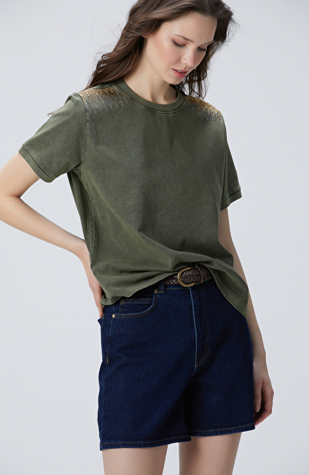 Haki Omuz Taş Detaylı T-shirt_0