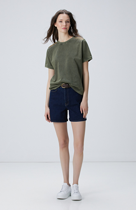 Haki Omuz Taş Detaylı T-shirt_2