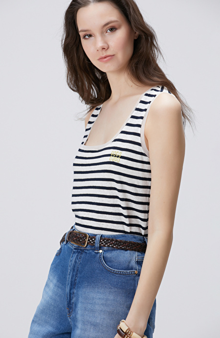 Lacivert Beyaz Keten Karışımlı T-shirt_0
