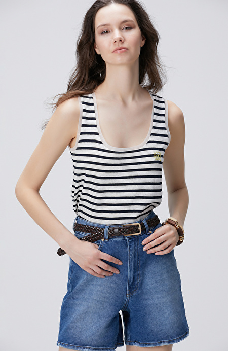 Lacivert Beyaz Keten Karışımlı T-shirt_3