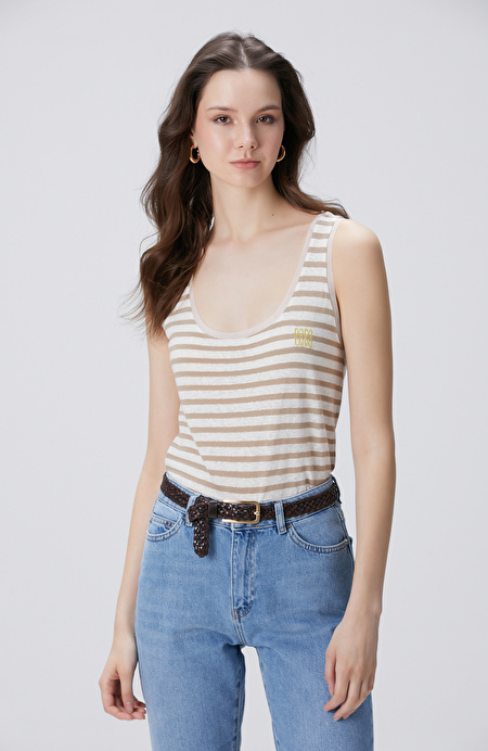 Vizon Kırık Beyaz Keten Karışımlı T-shirt_0