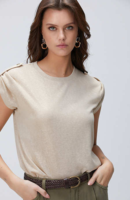 Bej Apoletli Varak Baskılı T-shirt_1