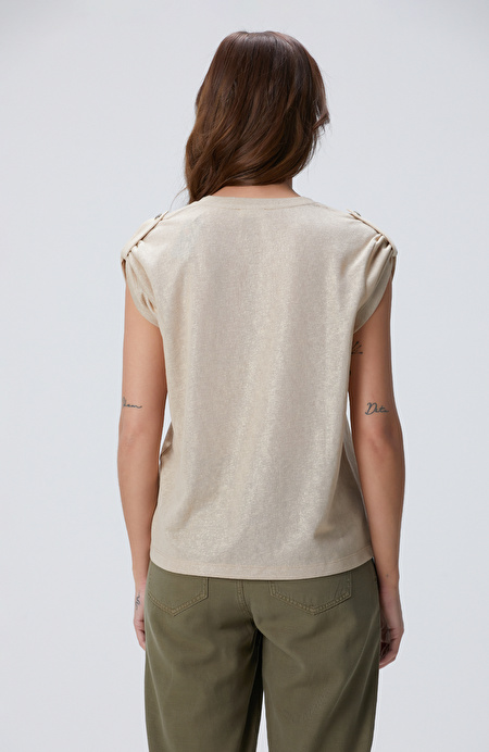 Bej Apoletli Varak Baskılı T-shirt_4
