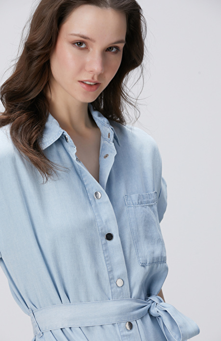 Açık Mavi Midi Denim Elbise_1