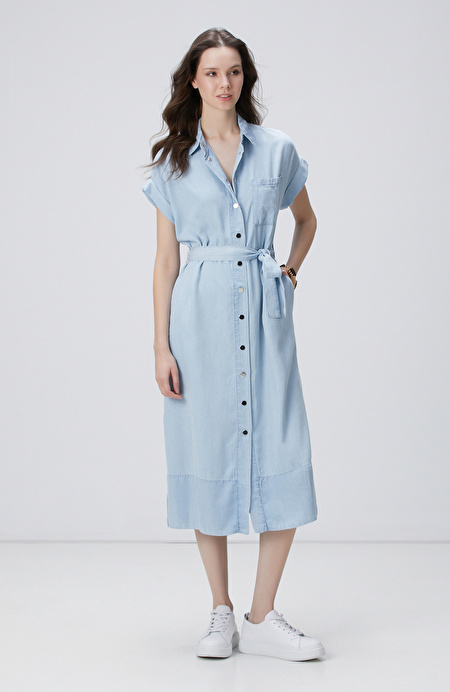 Açık Mavi Midi Denim Elbise_2