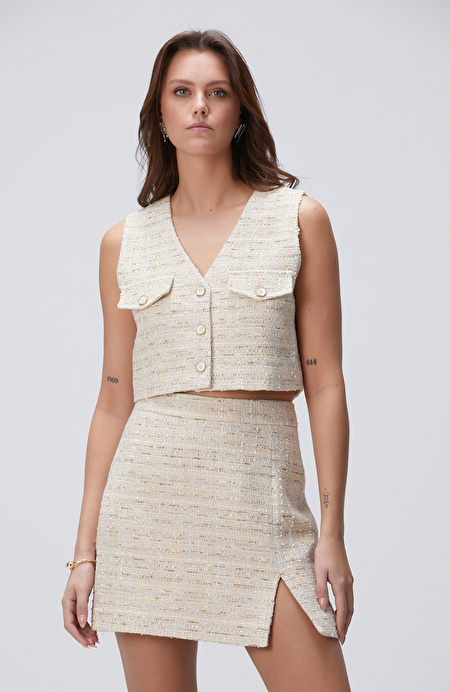 Limited Açık Bej Tweed Desenli Yelek_3