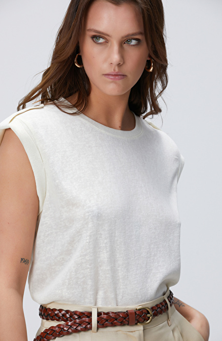 Kırık Beyaz Apoletli Baskılı T-shirt_1