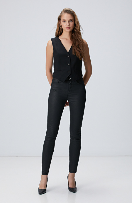 Siyah Kaplamalı Skinny Kalıp Denim Pantolon_0
