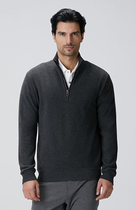 Antrasit Dik Yaka Fermuarlı Sweatshirt_1