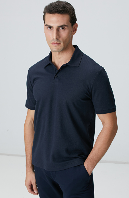 Lacivert Polo Yaka Düğmeli Jakarlı T-shirt_0