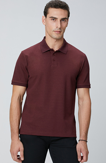 Bordo Polo Yaka Düğmeli Jakarlı T-shirt_0