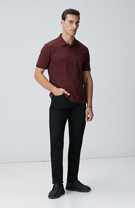 Bordo Polo Yaka Düğmeli Jakarlı T-shirt_2