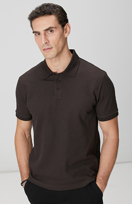 Kahverengi Polo Yaka Düğmeli Jakarlı T-shirt_1