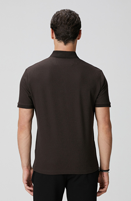 Kahverengi Polo Yaka Düğmeli Jakarlı T-shirt_4