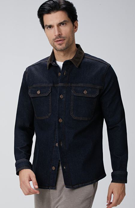 Lacivert Yakası Kadife Denim Gömlek_0