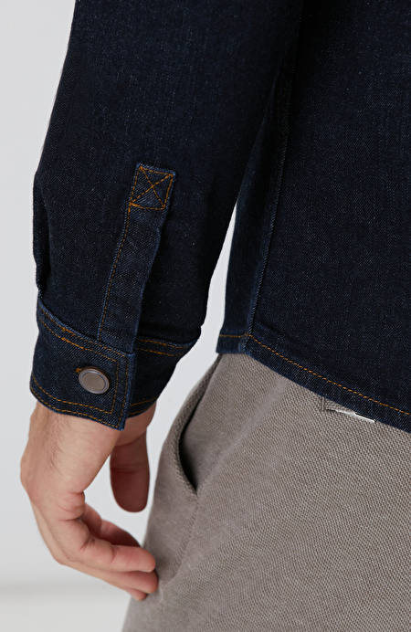 Lacivert Yakası Kadife Denim Gömlek_6