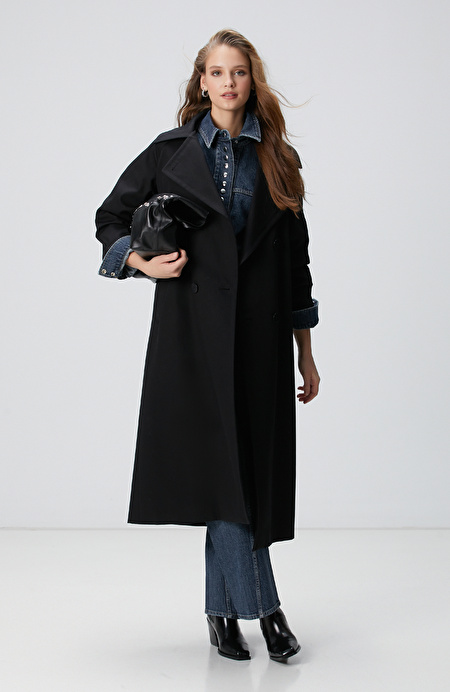 Siyah Kruvaze Trench Coat_0
