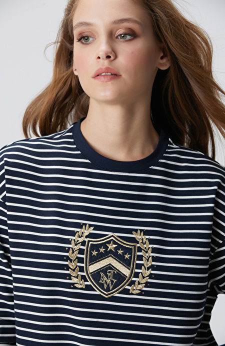 Lacivert Beyaz Dokuma Garnili Sweatshirt_1