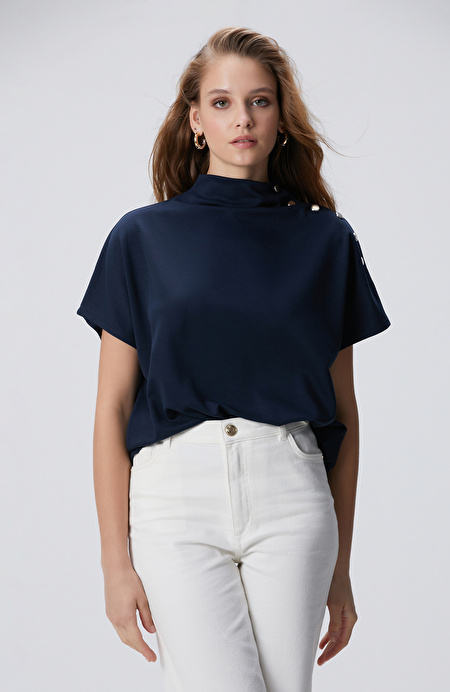 Lacivert Çıtçıt Detaylı T-shirt_3