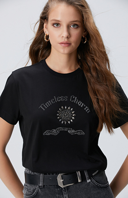Siyah Taş İşlemeli T-shirt_0