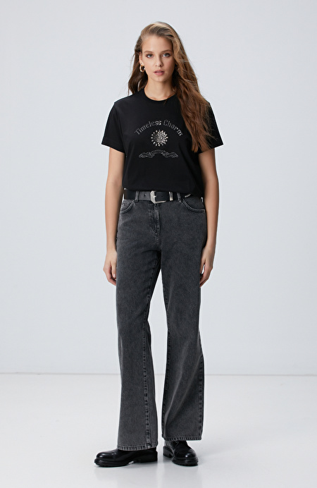 Siyah Taş İşlemeli T-shirt_1