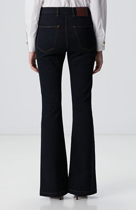 İndigo Aksesuarlı Flare Kalıp Denim Pantolon_4