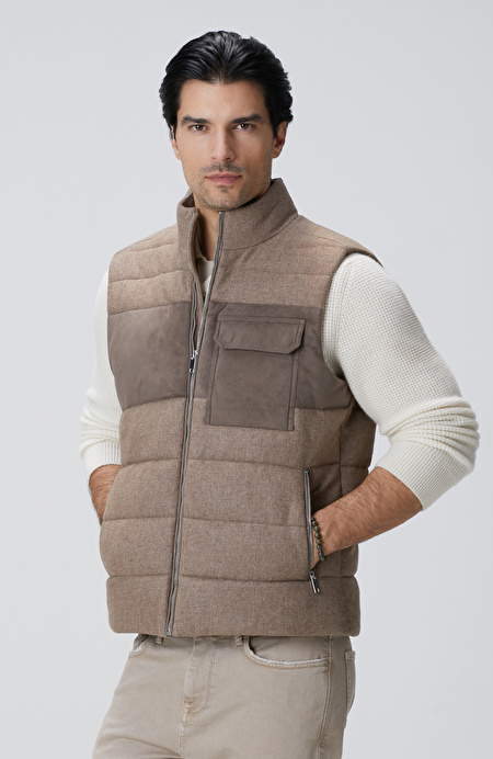 Bej Yün Karışımlı Flanel Casual Yelek_4
