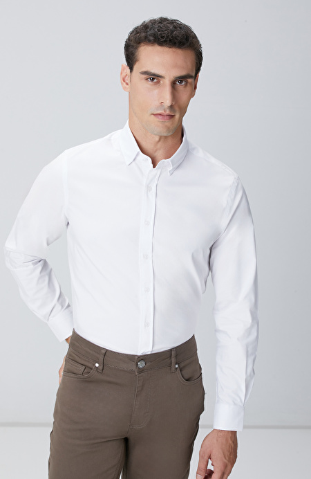 Slim Fit Beyaz Lycralı Cotton Petek Desen Gömlek_1