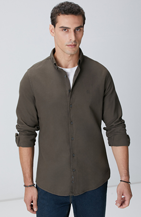Haki Comfort Fit Petek Desen Parça Boya Gömlek_1