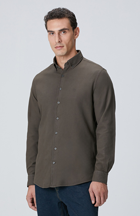 Haki Comfort Fit Petek Desen Parça Boya Gömlek_3
