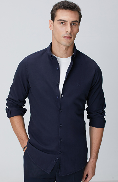 Lacivert Comfort Fit Petek Desen Parça Boya Gömlek_1
