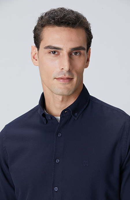 Lacivert Comfort Fit Petek Desen Parça Boya Gömlek_5