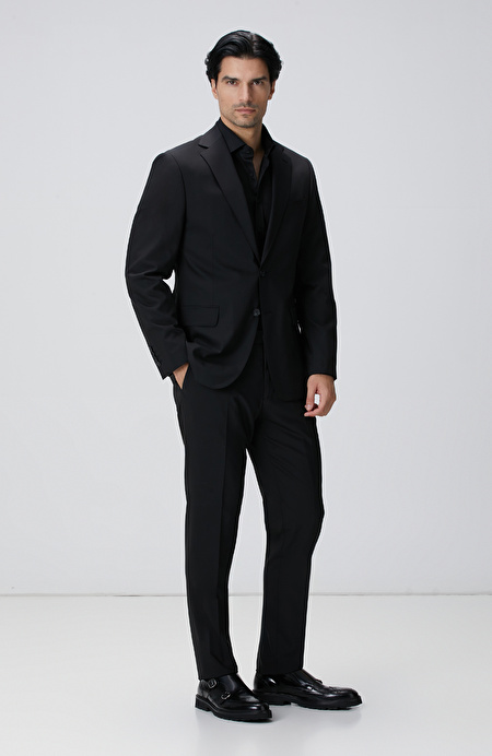 Slim Fit Siyah Pamuk Saten Gömlek_2