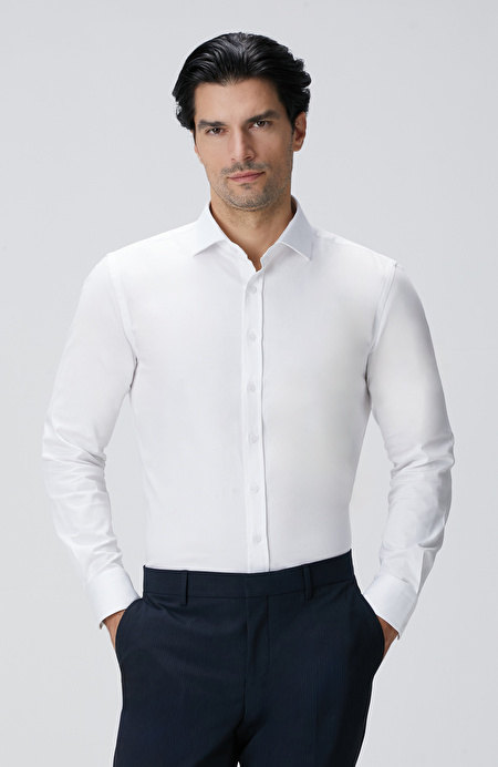 Slim Fit Beyaz Pamuk Saten Gömlek_0