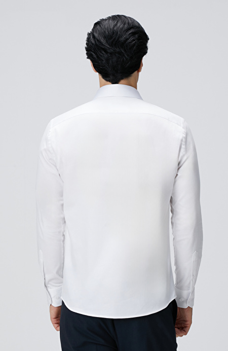 Slim Fit Beyaz Pamuk Saten Gömlek_5