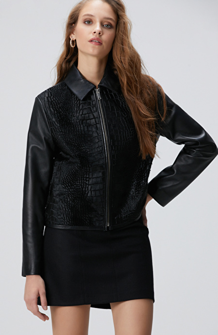 Siyah Limited Kroko Desenli Deri Mont_0