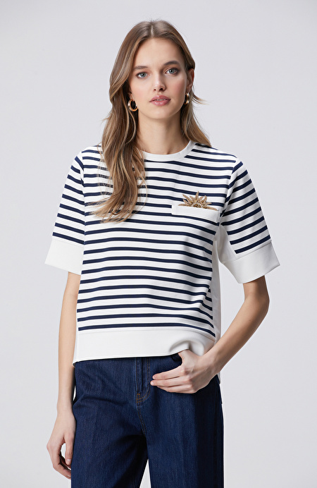 Network - Beyaz Lacivert Dokuma Garni Detaylı Sweatshirt - 1098611-042