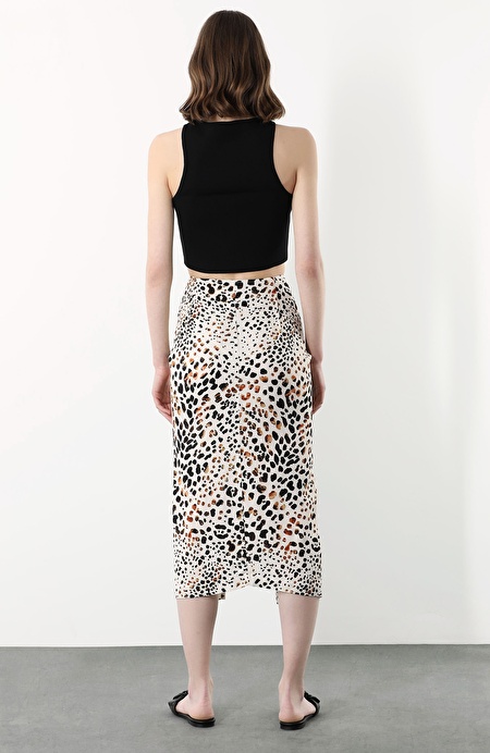 Leopar Desenli Baglama Detayli Midi Etek