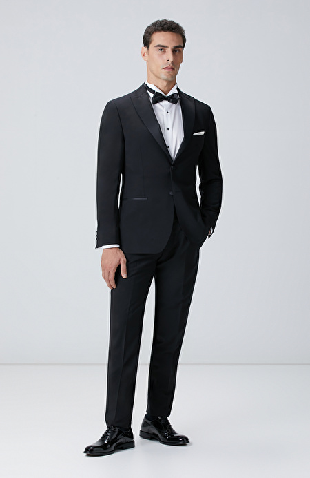 Siyah Yün Karışımlı Smokin Takım Elbise