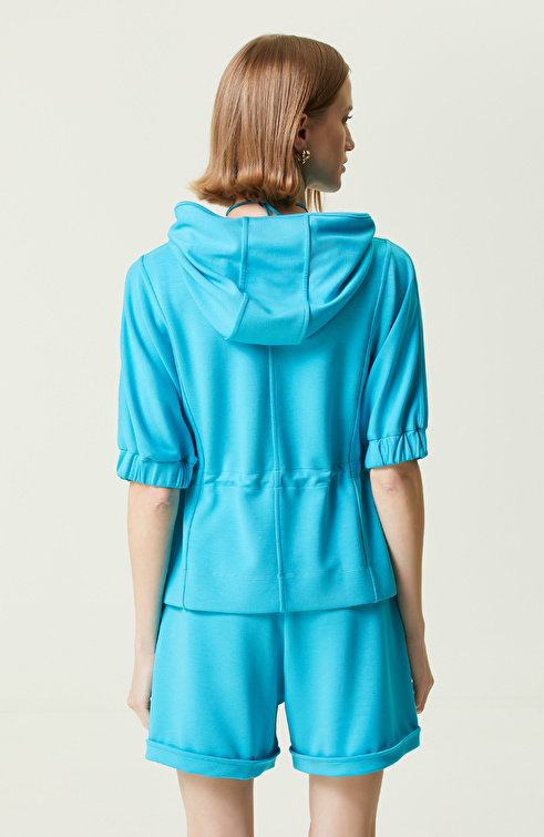 Turkuaz Kapüşonlu Kısa Kollu Ceket