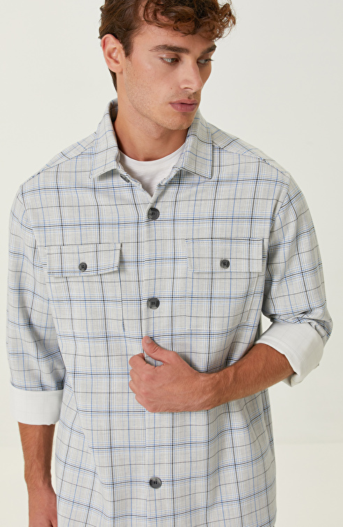 Ekru Mavi Ekose Cepli Dış Gömlek