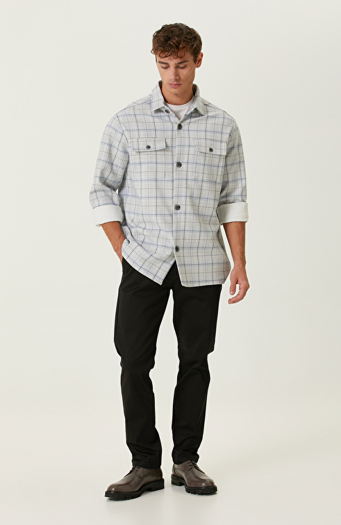 Ekru Mavi Ekose Cepli Dış Gömlek