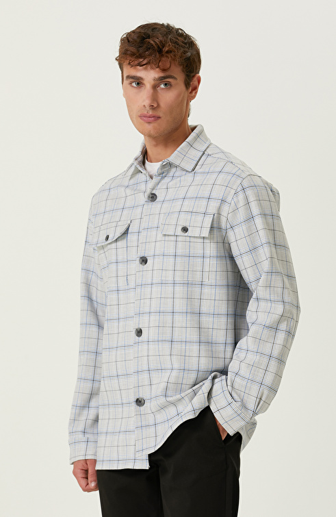 Ekru Mavi Ekose Cepli Dış Gömlek