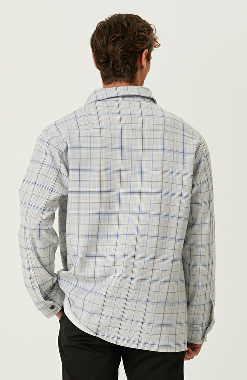 Ekru Mavi Ekose Cepli Dış Gömlek