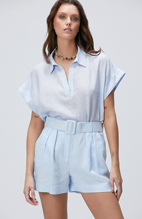 Açık Mavi Keten Bluz