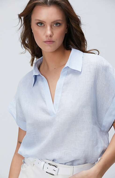 Açık Mavi Keten Bluz