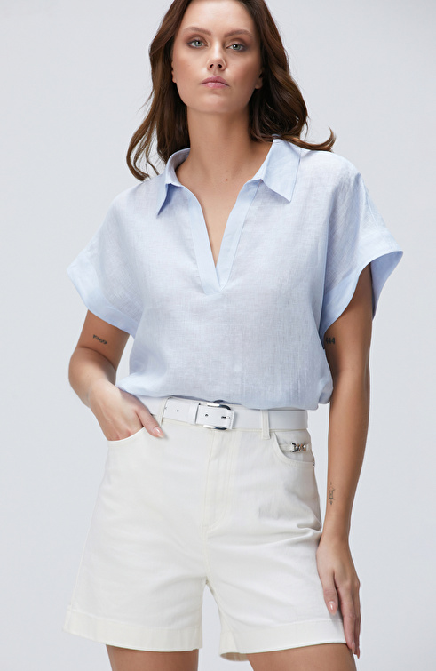Açık Mavi Keten Bluz